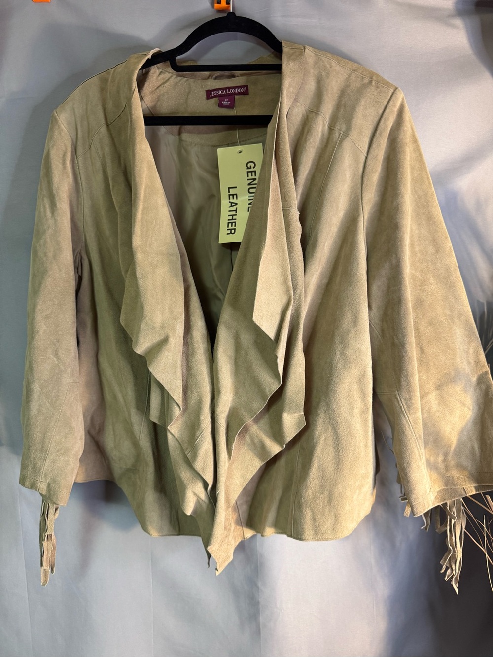 Jessica London Taupe Suede Ruffle Open-Front Leather Jacket